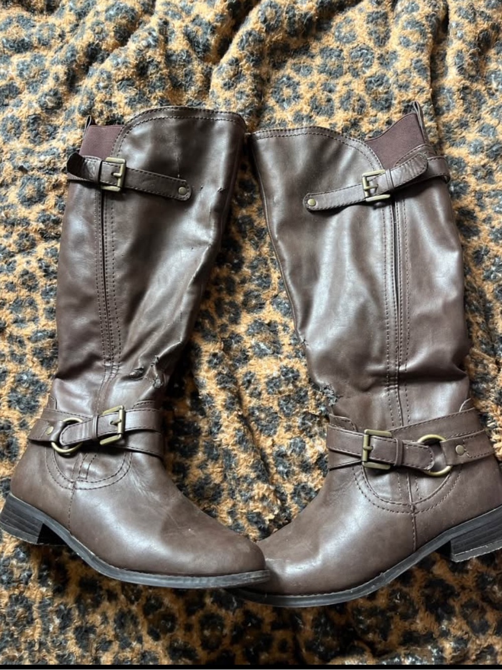 Brown Leather-Look Mid-Calf Buckle Riding Boots